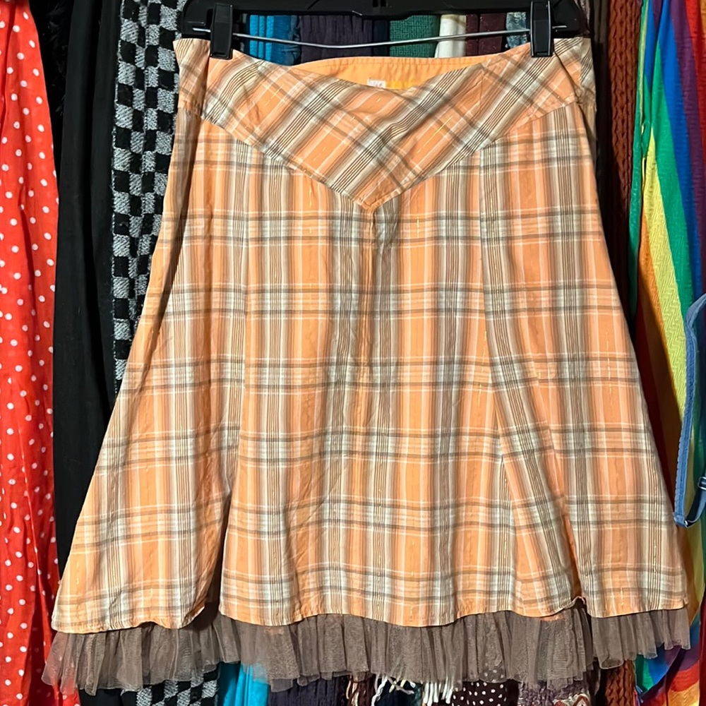 Orange & Brown Plaid mid length knee tulle skirt with gold threading.